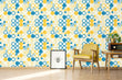 Load image into Gallery viewer, Vintage retro geometric blue and yellow fabric peel and stick wallpaper with chair, radio and picture

