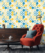 Load image into Gallery viewer, Vintage retro geometric blue and yellow fabric peel and stick wallpaper with cabinet, chair and table
