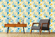 Load image into Gallery viewer, Vintage retro geometric blue and yellow fabric peel and stick wallpaper with table and chair
