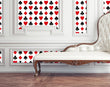 Load image into Gallery viewer, Black and red deck of cards eclectic fabric peel and stick wallpaper with white sofa
