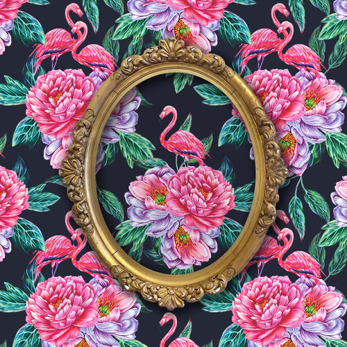 Dark black and pink tropical floral flamingo fabric peel and stick wallpaper with gold mirror