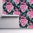 Load image into Gallery viewer, Dark black and pink tropical floral flamingo fabric peel and stick wallpaper on wall partially rolled up
