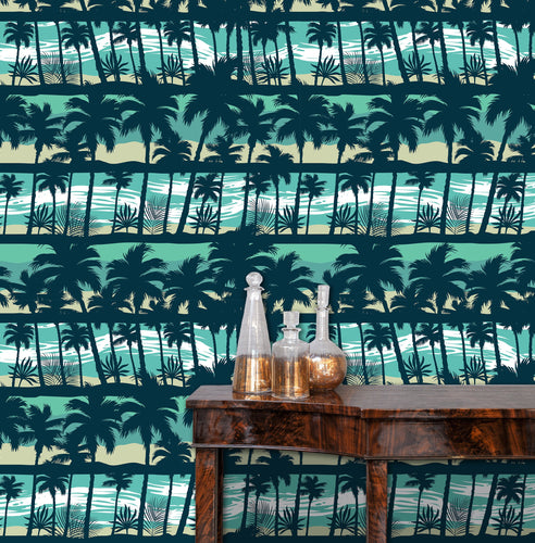 Blue coastal tropical palm trees fabric peel and stick wallpaper with table and gold jars