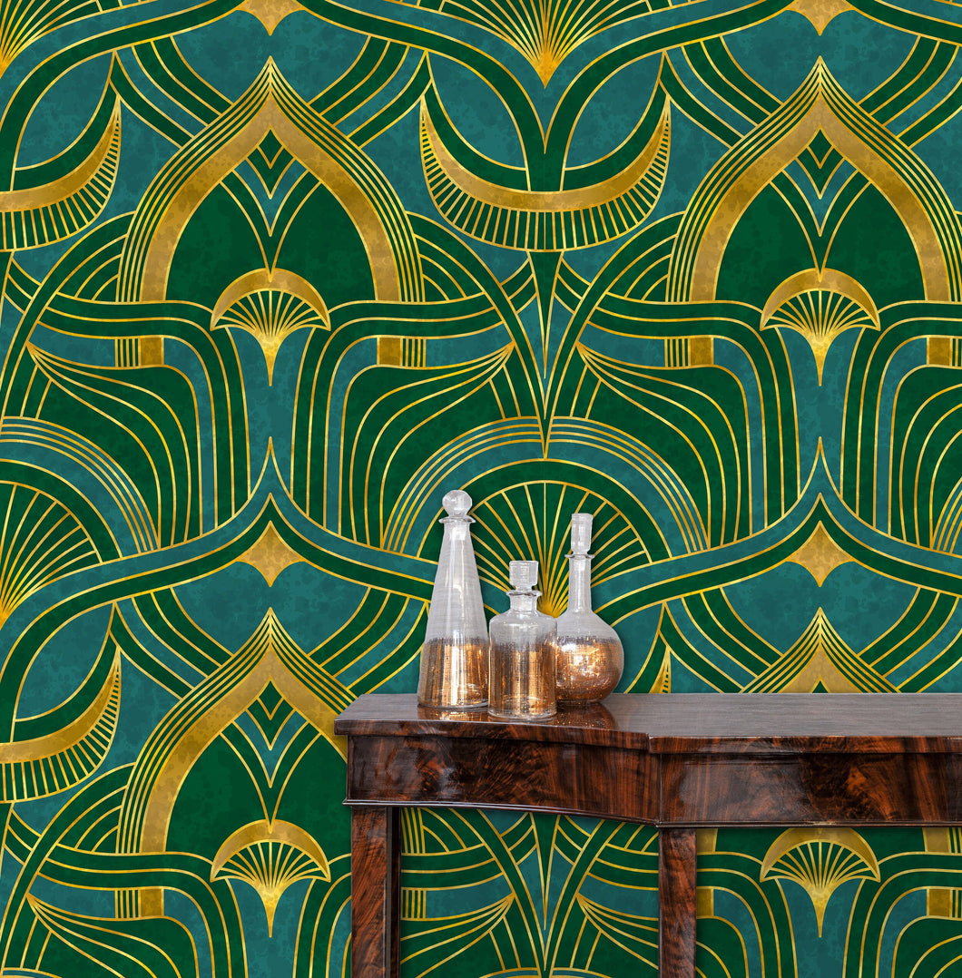 Blue, green and gold geometric Art Nouveau fabric wallpaper with table and gold bottles