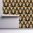Load image into Gallery viewer, Gold and black Art Deco antique fabric peel and stick wallpaper on wall partially rolled up

