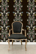 Load image into Gallery viewer, Black floral Chinoiserie antique Victorian fabric peel and stick wallpaper with black chair
