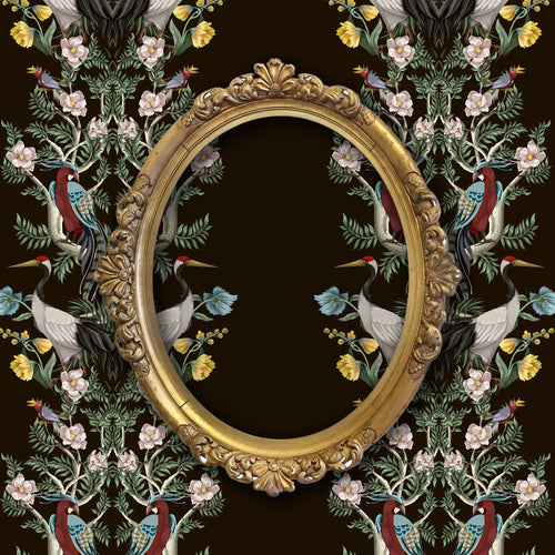 Black floral Chinoiserie antique Victorian fabric peel and stick wallpaper with gold mirror
