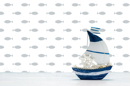 Beach house blue nautical coastal fish fabric peel and stick wallpaper with blue decorative sailboat