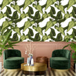 Load image into Gallery viewer, Green tropical palm leaves fabric peel and stick wallpaper with chairs and coffee table
