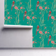 Load image into Gallery viewer, Blue botanical parrot Chinoiserie fabric peel and stick wallpaper on wall partially rolled up
