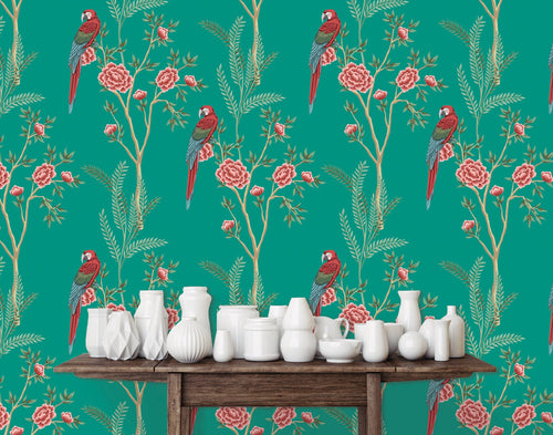 Blue botanical parrot Chinoiserie fabric peel and stick wallpaper with table and white jars