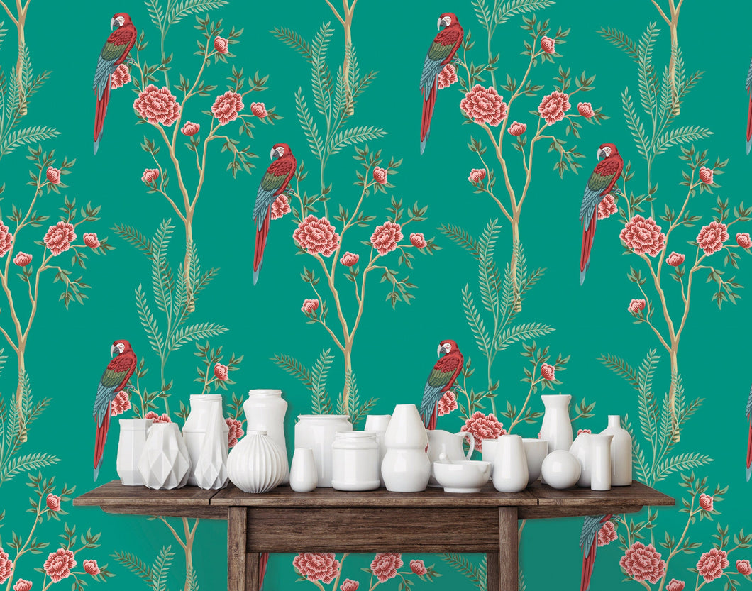 Blue botanical parrot Chinoiserie fabric peel and stick wallpaper with table and white jars