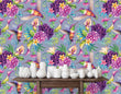 Load image into Gallery viewer, Purple and blue botanical floral hummingbird fabric peel and stick wallpaper with table and white vases
