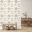 Load image into Gallery viewer, Neutral botanical floral farmhouse fabric peel and stick wallpaper with bench and baskets
