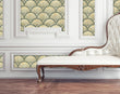 Load image into Gallery viewer, Green and gold distressed geometric vintage Art Deco fabric peel and stick wallpaper with white sofa
