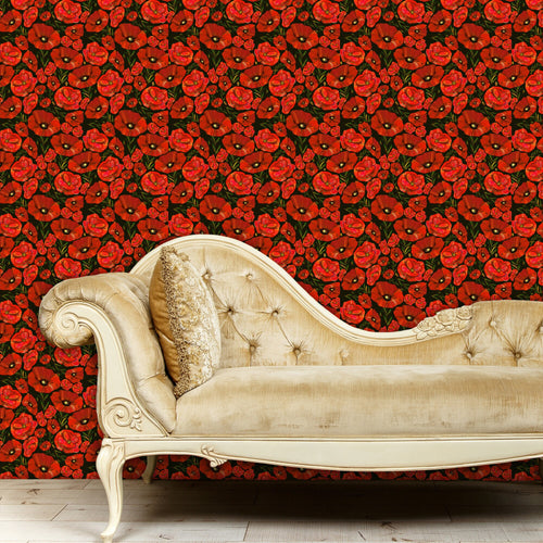 Black and red dark floral gothic fabric peel and stick wallpaper with gold sofa