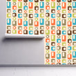 Load image into Gallery viewer, Retro geometric vintage Mid-century Modern colorful fabric peel and stick wallpaper on wall partially rolled up
