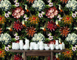 Load image into Gallery viewer, Vintage floral botanical bird fabric peel and stick wallpaper with table and white vases
