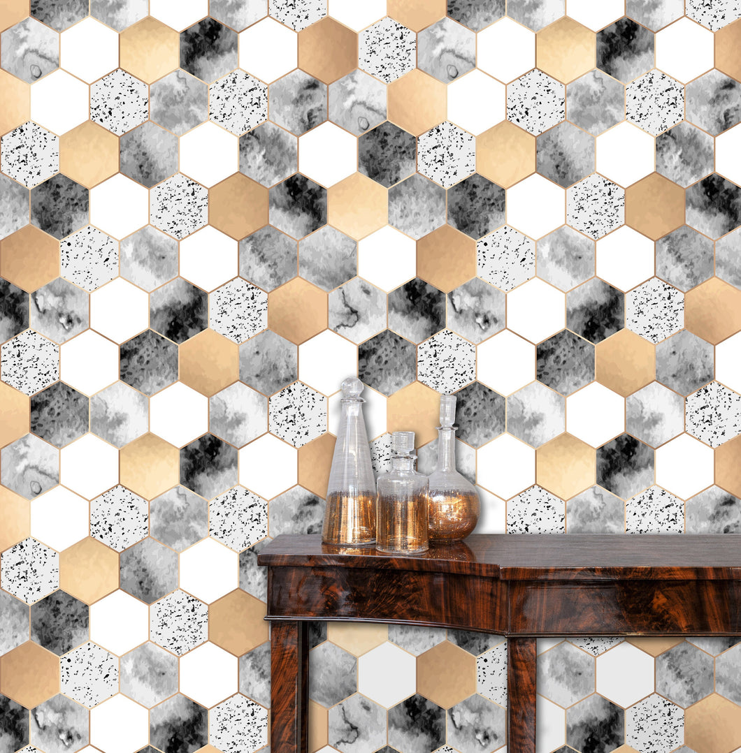 Gold and grey geometric fabric peel and stick wallpaper with table and gold jars