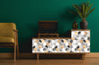 Load image into Gallery viewer, Gold and grey geometric fabric peel and stick wallpaper with vintage record player, plant and chair
