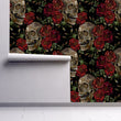 Load image into Gallery viewer, Dark gothic skull floral fabric peel and stick wallpaper on wall partially rolled up
