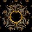 Load image into Gallery viewer, Black and gold vintage Art Deco geometric fabric peel and stick wallpaper with gold mirror
