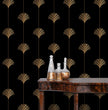 Load image into Gallery viewer, Black and gold vintage Art Deco geometric fabric peel and stick wallpaper with gold jars on table

