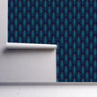 Load image into Gallery viewer, Blue and gold Art Deco geometric peacock fabric fabric peel and stick wallpaper on wall partially rolled up
