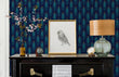 Load image into Gallery viewer, Blue and gold Art Deco geometric peacock fabric fabric peel and stick wallpaper with piano, lamp and picture
