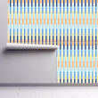 Load image into Gallery viewer, Blue and orange retro Mid-century modern fabric peel and stick wallpaper on wall partially rolled up
