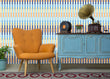 Load image into Gallery viewer, Blue and orange retro Mid-century modern fabric peel and stick wallpaper with cabinet, radio and chair
