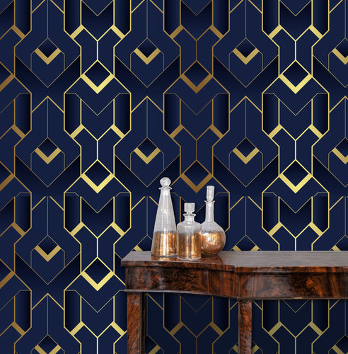 Blue and gold geometric Art Deco fabric peel and stick wallpaper with table and gold jars