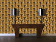 Load image into Gallery viewer, Gold and brown antique geometric Art Deco fabric peel and stick wallpaper with mantle and two lamps
