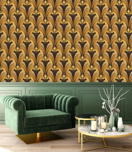 Gold and brown antique geometric Art Deco fabric peel and stick wallpaper with green chair and coffee table