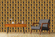 Load image into Gallery viewer, Gold and brown antique geometric Art Deco fabric peel and stick wallpaper with chair and table
