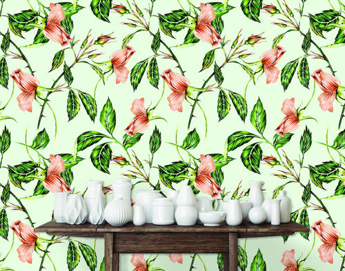 Vintage antique botanical floral fabric peel and stick wallpaper with table and white vases