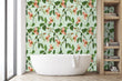 Load image into Gallery viewer, Vintage antique botanical floral fabric peel and stick wallpaper with bathtub and shelves
