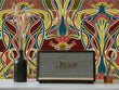 Load image into Gallery viewer, Red and green ornate antique Art Nouveau fabric peel and stick wallpaper with radio and plant
