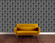 Load image into Gallery viewer, Black and white eclectic geometric Art Deco fabric peel and stick wallpaper with orange sofa
