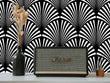 Load image into Gallery viewer, Black and white eclectic geometric Art Deco fabric peel and stick wallpaper with radio and plant

