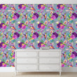 Load image into Gallery viewer, Purple and blue botanical floral hummingbird fabric peel and stick wallpaper with white chest of drawers

