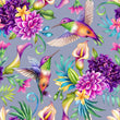 Load image into Gallery viewer, Purple and blue botanical floral hummingbird fabric peel and stick wallpaper sample
