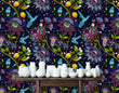 Load image into Gallery viewer, Blue and purple botanical floral hummingbird fabric peel and stick wallpaper with table and white vases
