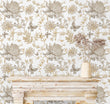 Load image into Gallery viewer, Neutral botanical floral farmhouse fabric peel and stick wallpaper with fireplace mantle and vase with flowers
