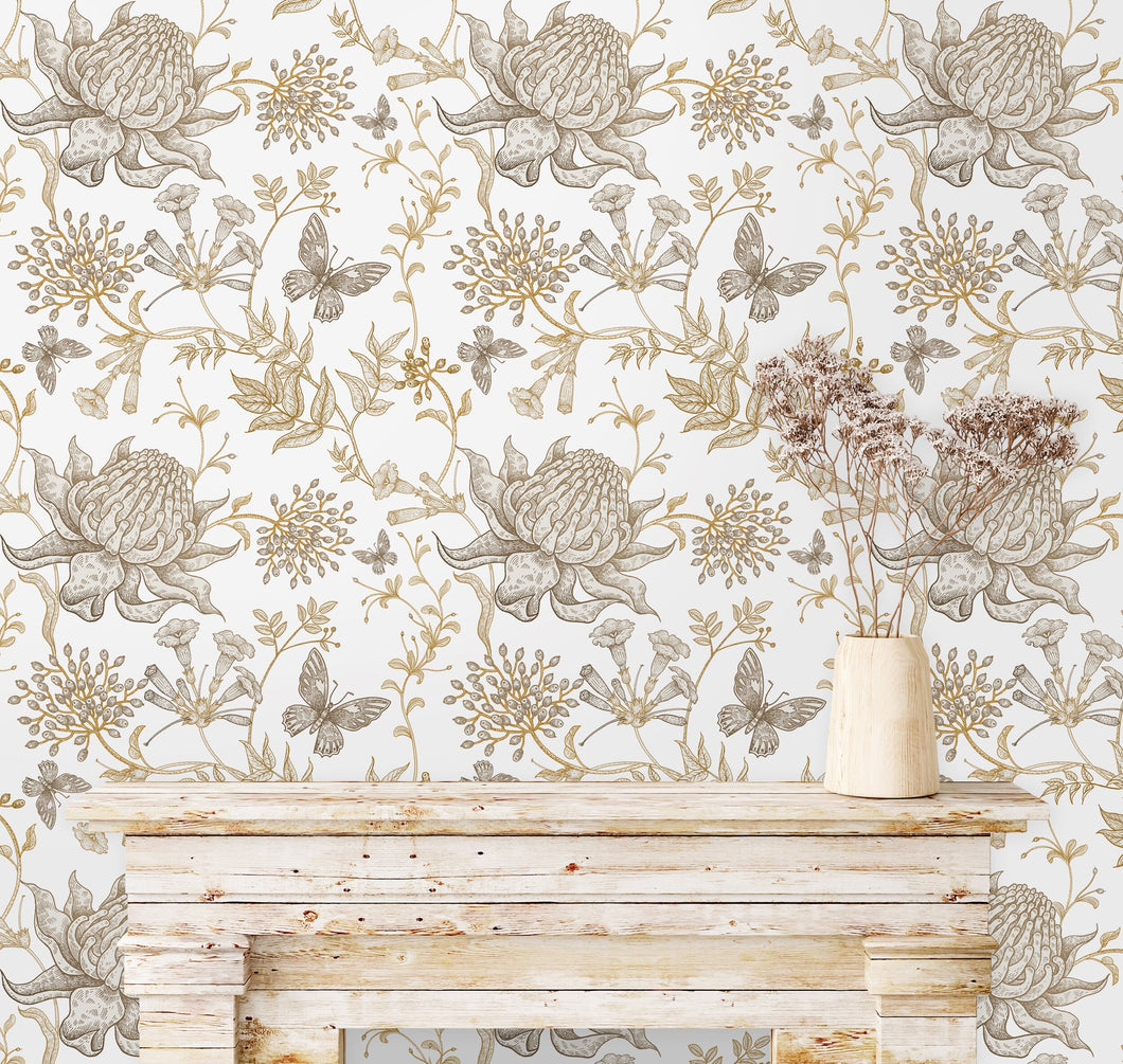 Neutral botanical floral farmhouse fabric peel and stick wallpaper with fireplace mantle and vase with flowers
