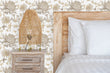 Load image into Gallery viewer, Neutral botanical floral farmhouse fabric peel and stick wallpaper in room with bed, end table and lamp
