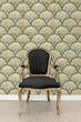 Load image into Gallery viewer, Green and gold distressed geometric vintage Art Deco fabric peel and stick wallpaper with black chair
