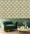 Load image into Gallery viewer, Green and gold distressed geometric vintage Art Deco fabric peel and stick wallpaper with green chair and coffee table
