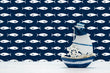 Load image into Gallery viewer, Navy blue and white nautical coastal fish swimming fabric peel and stick wallpaper with decorative sailboat
