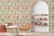 Load image into Gallery viewer, Retro geometric vintage Mid-century Modern colorful fabric peel and stick wallpaper in vintage kitchen with table and chairs
